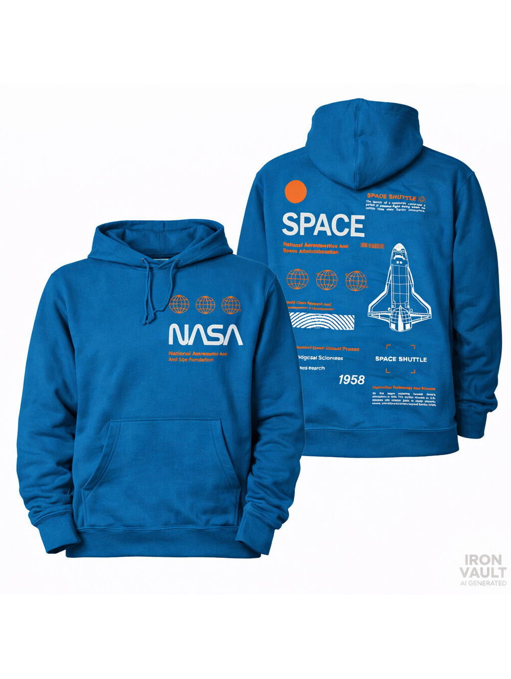 Hyper Space NASA Space Shuttle Graphic Hoodie Blue Unisex Adults Size S Cotton